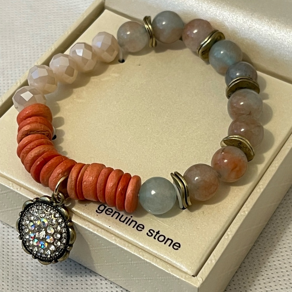 Kim Rogers Genuine Stone Crystal Charm Stretch Bracelet New In Box